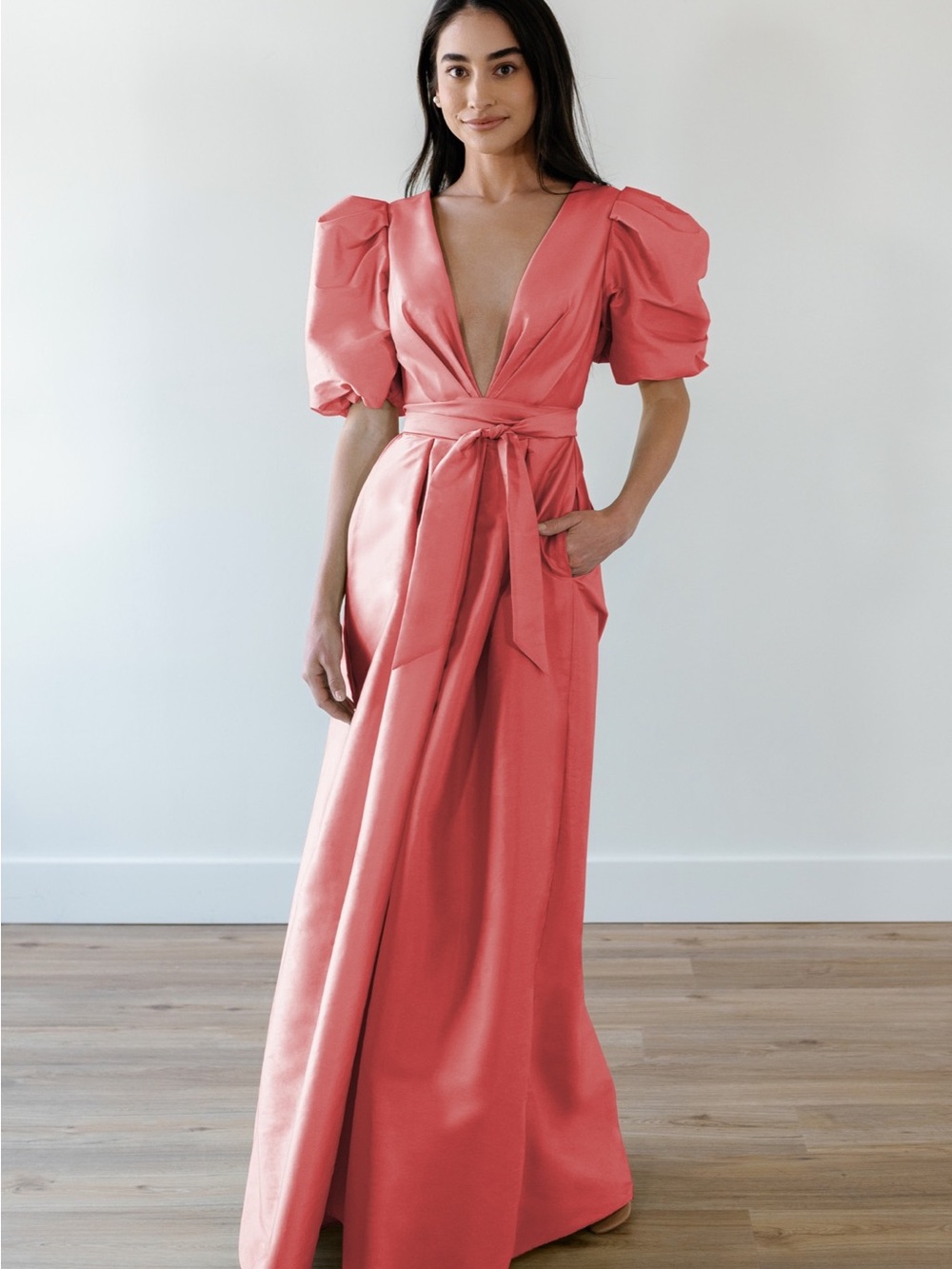 Watters Coral Satin V-Neck Maxi Dress with Puff Sleeves